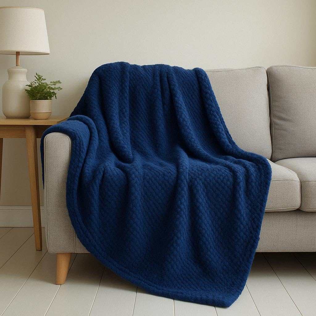 Luxury Popcorn Waffle Fleece Throw Blanket – Soft Warm Fluffy Bed & Sofa Blanket for Home, Couch & Settee | Thermal Cozy Reversible Design – Machine Washable (Navy, Double (150cm x 200cm))