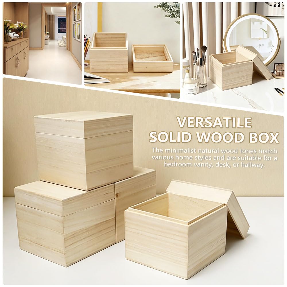 4 Pezzi Piccole Scatole in Legno Quadrate Scatola di Legno Portaoggetti Grezzo con Coperchio Cassette Legno Decorative Non Finita per DIY Artigianato e Contenitori,12x12x11.2cm