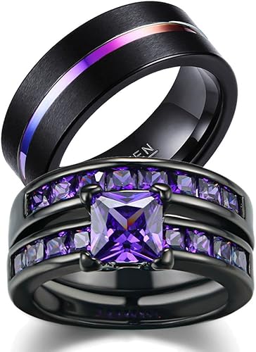 LOVERSRING Juego de anillos de novia para mujer, chapado en oro negro con circonita cúbica para hombre, carburo de tungsteno, anillo de boda