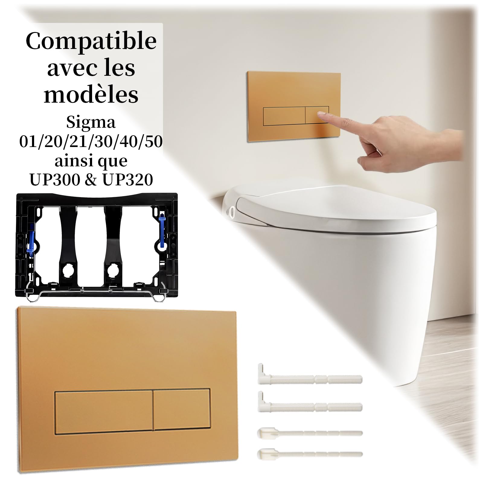 Plaque de Commande WC Double Chasse, Compatible avec Geberit Sigma 01/20/30, UP300 & UP320, avec Cadre et Leviers de Chasse, Dimensions 245 × 164 mm (Or Mat)