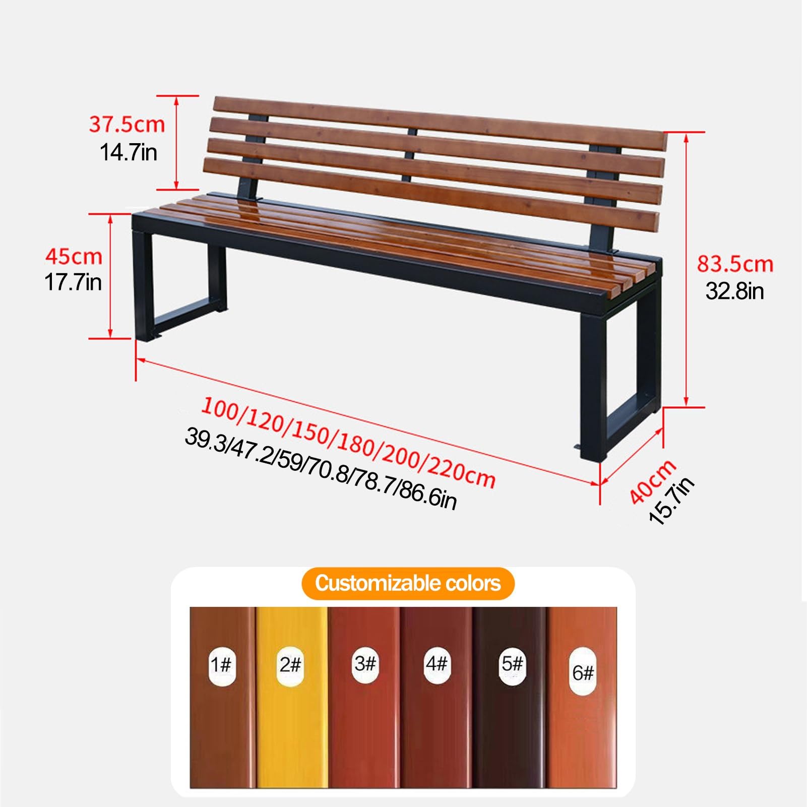 Banco Jardin Exterior con Respaldo, Banco de Madera plástico | Parque Banco el asiento de listones con el marco de metal resistente, for el porche/el patio/la ley(86.6''/220cm)