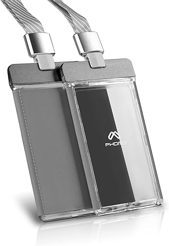 Phomo Portatarjetas de identificación de aluminio con clip de metal y cordón de identificación, soporte vertical transparente para tarjetas de