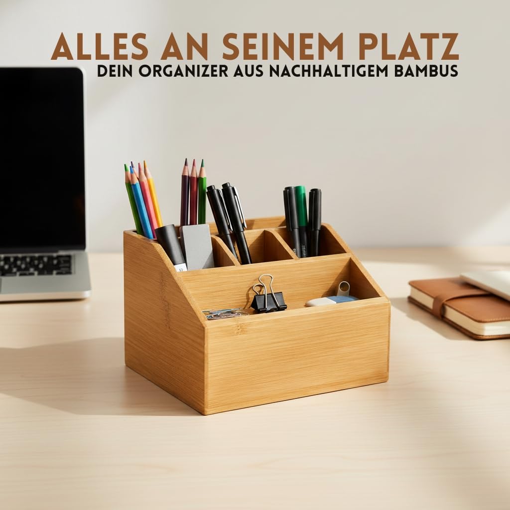 hausleben Organizer na biurko z bambusa – 5 przegródek, pojemnik na długopisy i organizer biurowy, półka na biurko do biura i biura (16 x 15 x 11 cm) | Uchwyt na długopisy i organizer na biurko z 5 przegródkami, organizer na biurko do domu i biura, 16 x 1