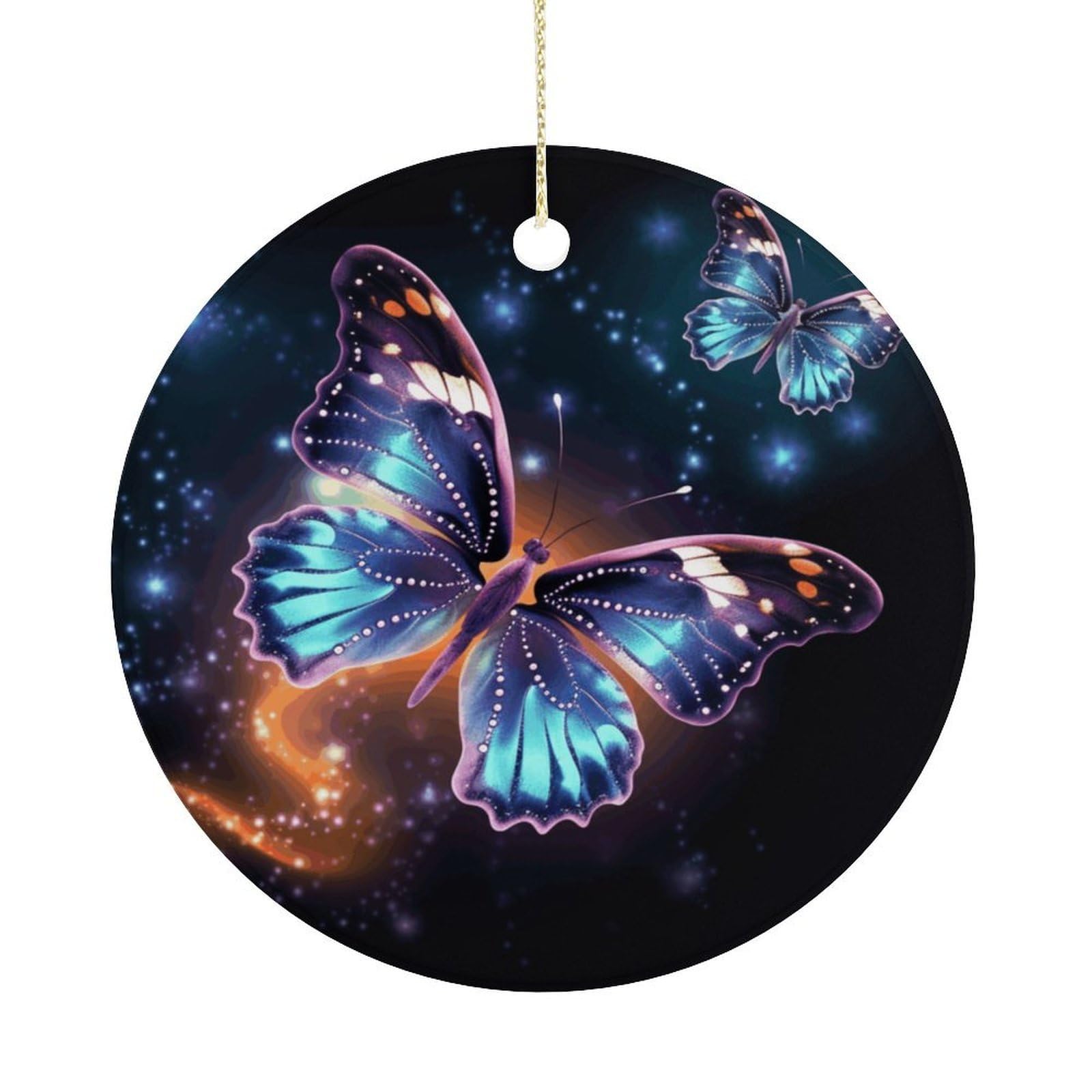 Butterfly and Stars Christmas Ornaments Colorful Round Ceramic Ornament Christmas Hanging Decor Christmas Tree Decorations Xmas Keepsake for Women Men Xmas Holiday Party