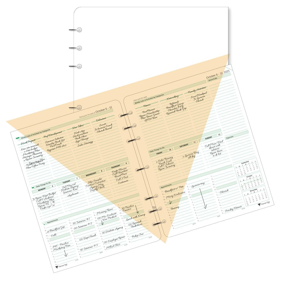 Planner Pad 7-otworowy luźny liść 3-poziomowy organizer na 12 miesięcy, październik 2025 - wrzesień 2026, miękki zielony atrament, 20 x 28 cm