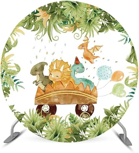 Miniatura 5 de Iydamc Fondo redondo con temática de dinosaurios de dibujos animados de feliz cumpleaños para fiesta de cumpleaños, niños, recién nacidos, fondo de