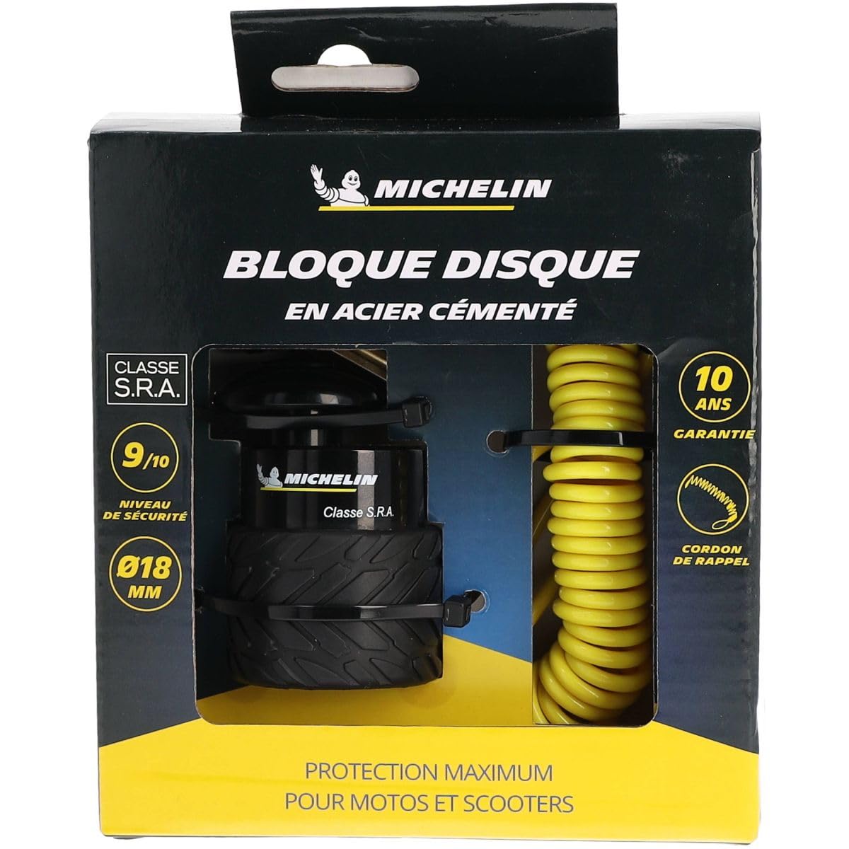 MICHELIN - Antivol Bloque Disque Universel SRA avec Cordon de Rappel - Sécurité Moto et Scooter 10/10 - Résistance Exceptionnelle - Acier Trempé - 3 Clés Réversibles - Dimensions : 70mm x ø48mm