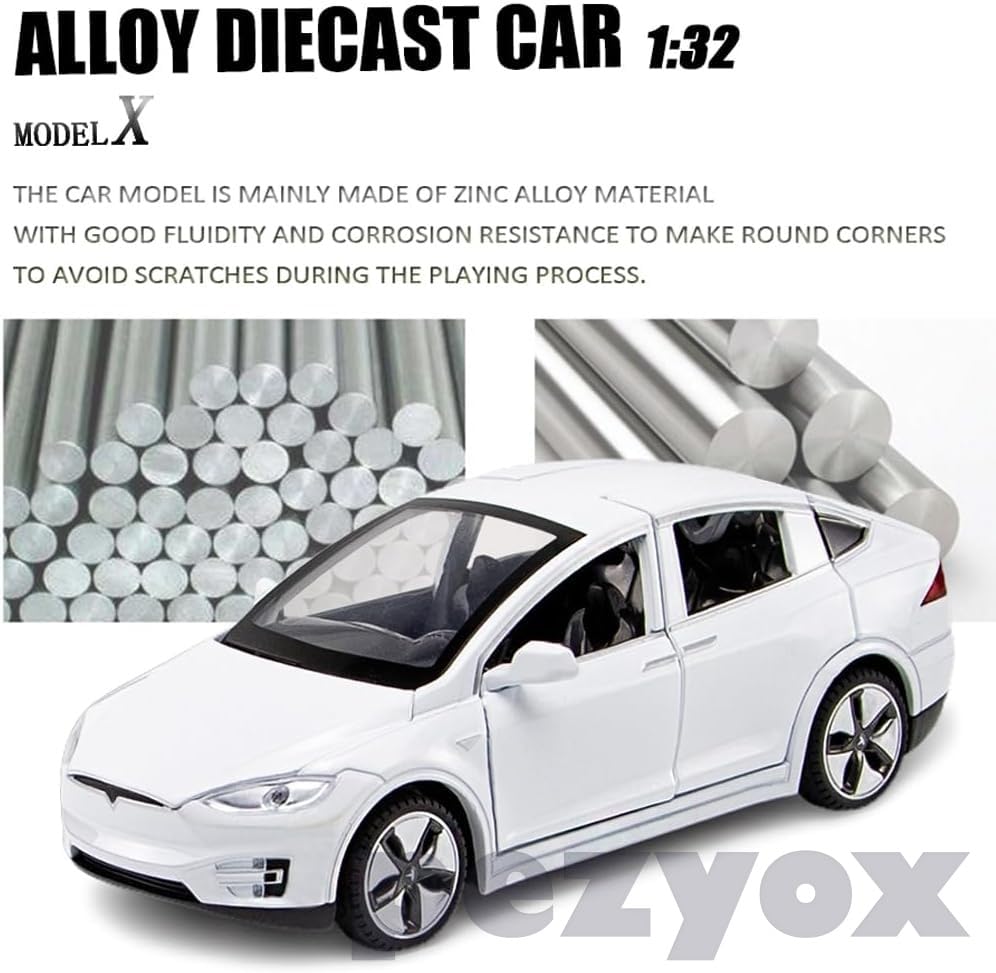 Image of 1:32 Scale Car Tesla Model X90 Alloy 1 /32 Diecast Model Car w /Sound & Light Pull Back Model Mini Vehicles Toys for Kids (White)