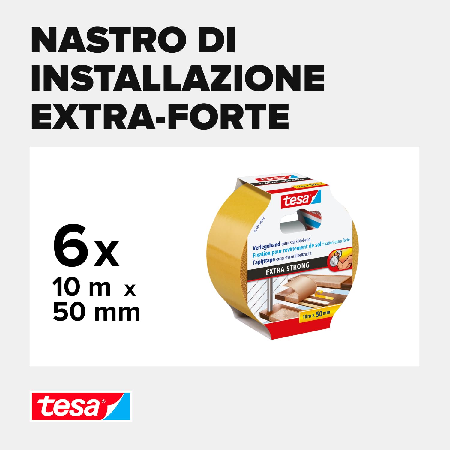 tesa Nastro adesivo extra forte in confezione da 6 pezzi – Nastro biadesivo per la posa di tappeti e rivestimenti in PVC – biadesivo – 10 m x 50 mm