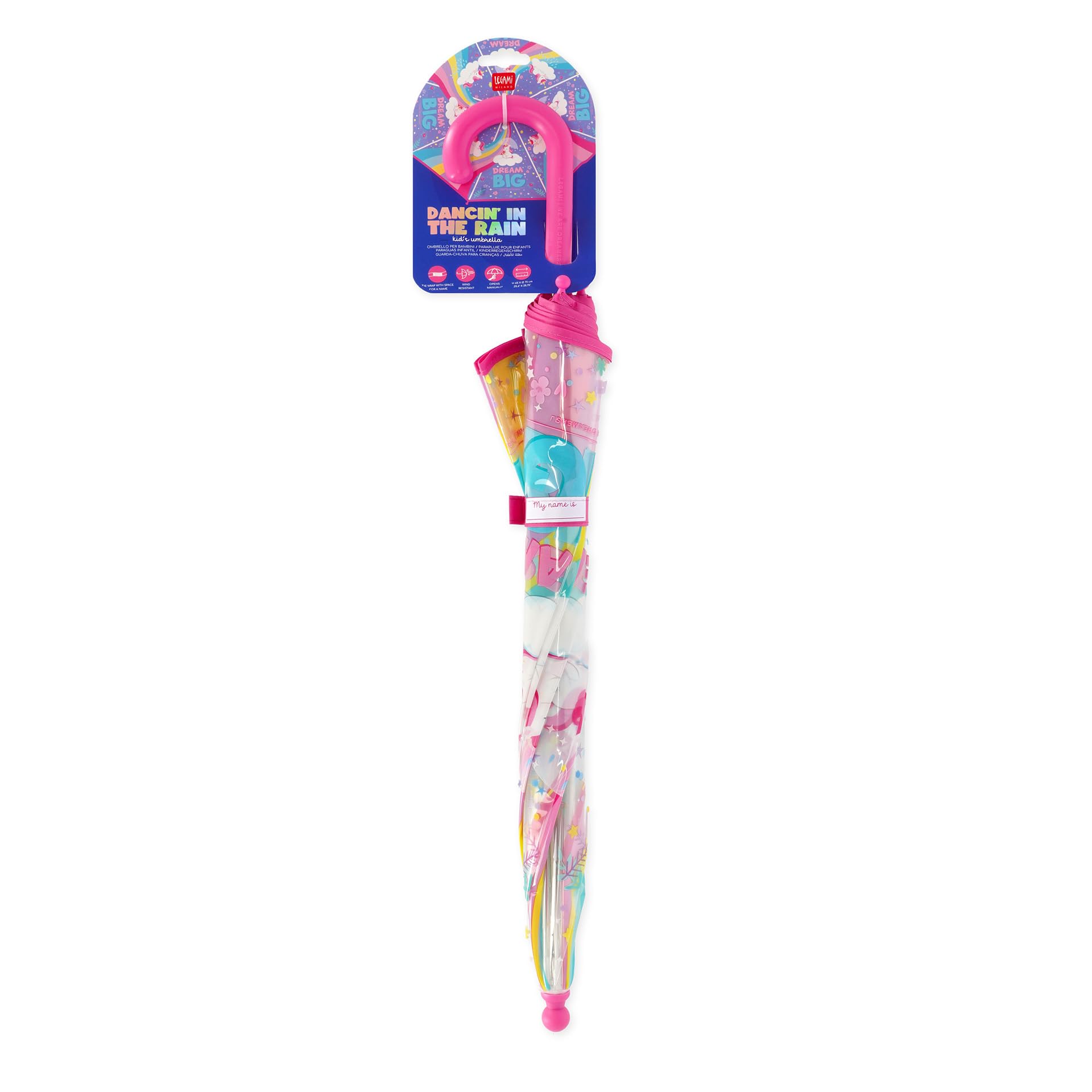 Legami - Ombrello per Bambini Dancin' In The Rain, Tema Unicorn, Struttura Antivento, Apertura manuale, Chiusura in Tessuto con Spazio per Nome, Impugnatura a Gancio, 73x65 cm
