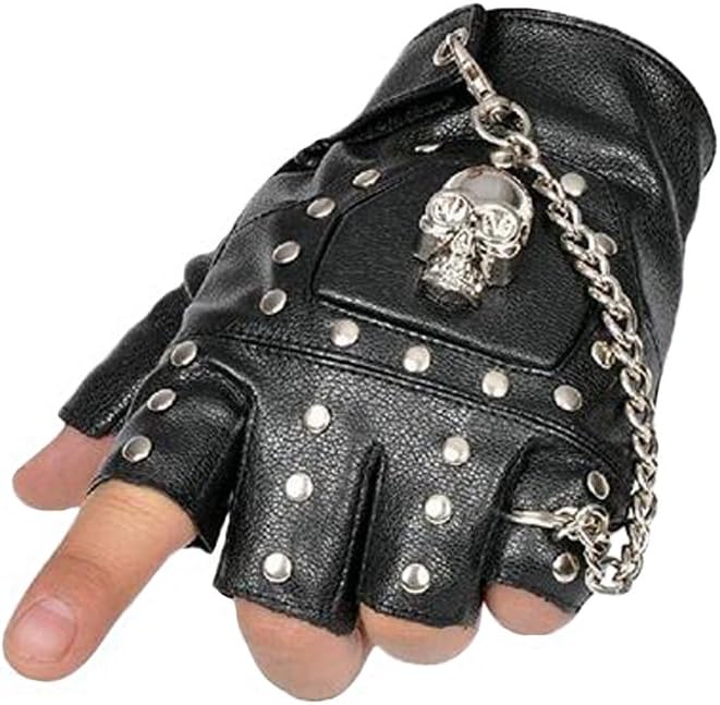 Modishou Men's Fingerless Rivet Metal Skull Chain Punk Mittens Gloves Style1 Black Left Hand