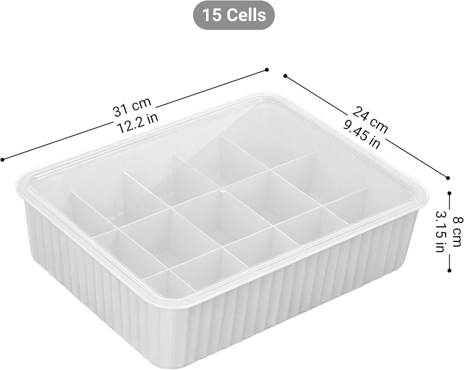 Cetomo 15 Cells Plastic Underwear Sock Drawer Organizer with Lid, Lidded Storage Box with Dividers for Bras and Socks, Basket for Closet, Stackable, Gray, 15 Compartments (31 x 24 x 8 cm)