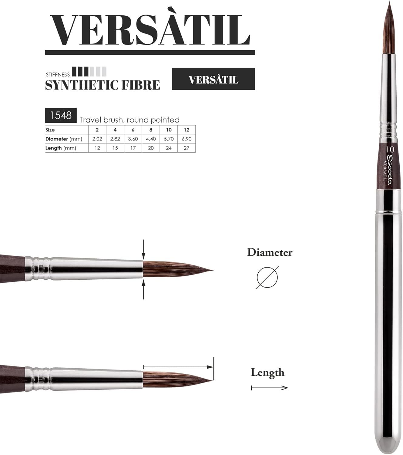 ESCODA Set 3 pennelli per acquerello - Versàtil Set professionale da viaggio fibra sintetica Kolinsky realizzato a mano in Barcelona