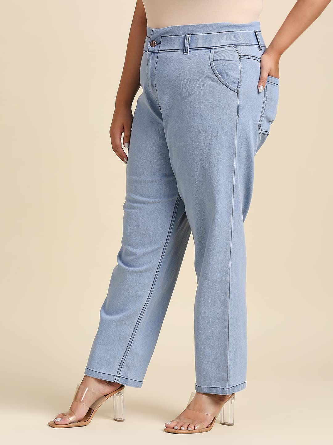 HIGH Star Women Plus Size Blue Stretchable Mom Fit Jeans, NIEBIESKI, 38