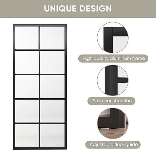 Miniatura 6 de JUBEST Puerta corrediza de granero de vidrio DIY, 36 x 84 pulgadas, puerta francesa moderna, resistente 4-Lite vidrio templado transparente, marco