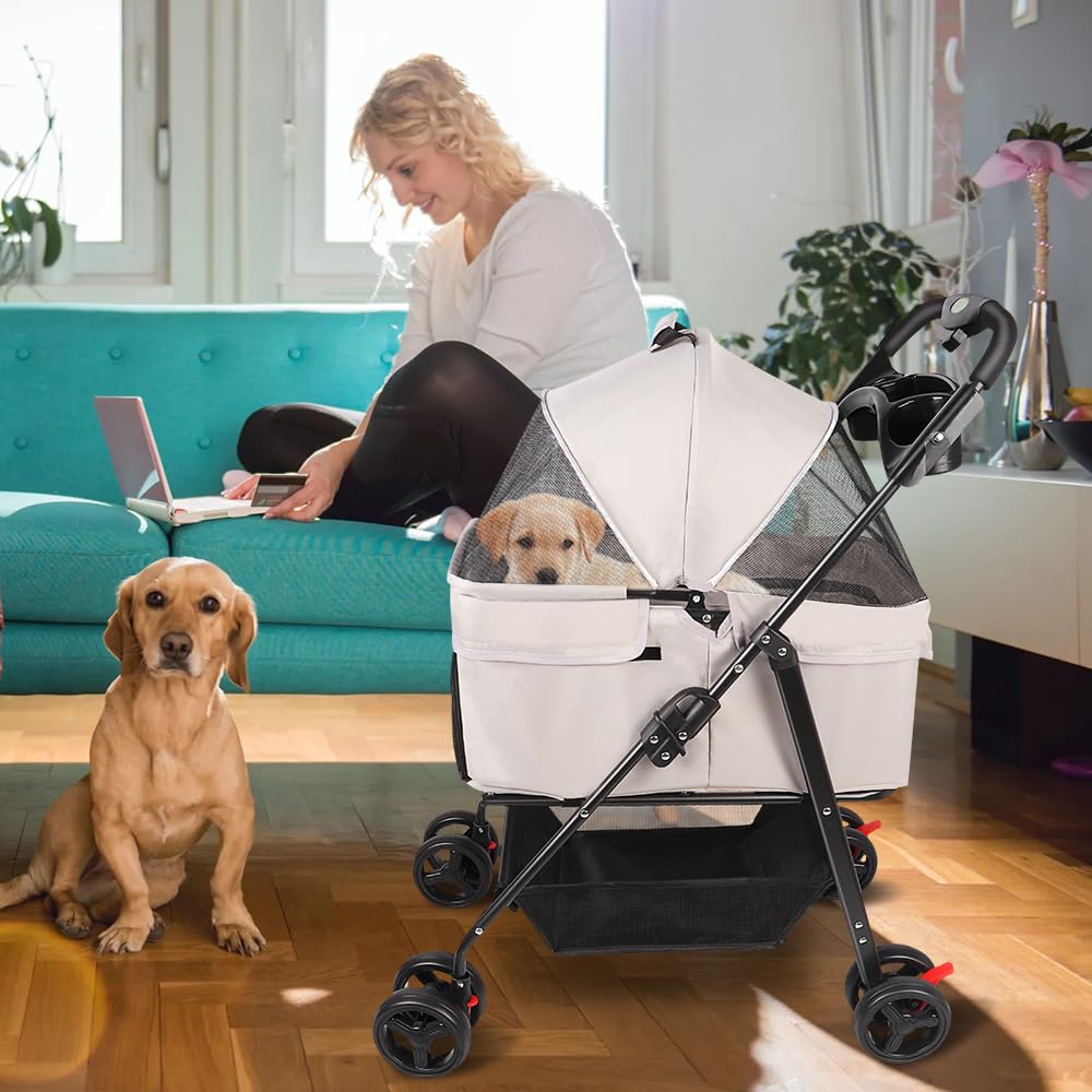 Passeggino pieghevole per animali domestici, passeggino pieghevole per animali domestici, 4 ruote per cani e gatti, cucciolo di piccole e medie dimensioni, A/grigio