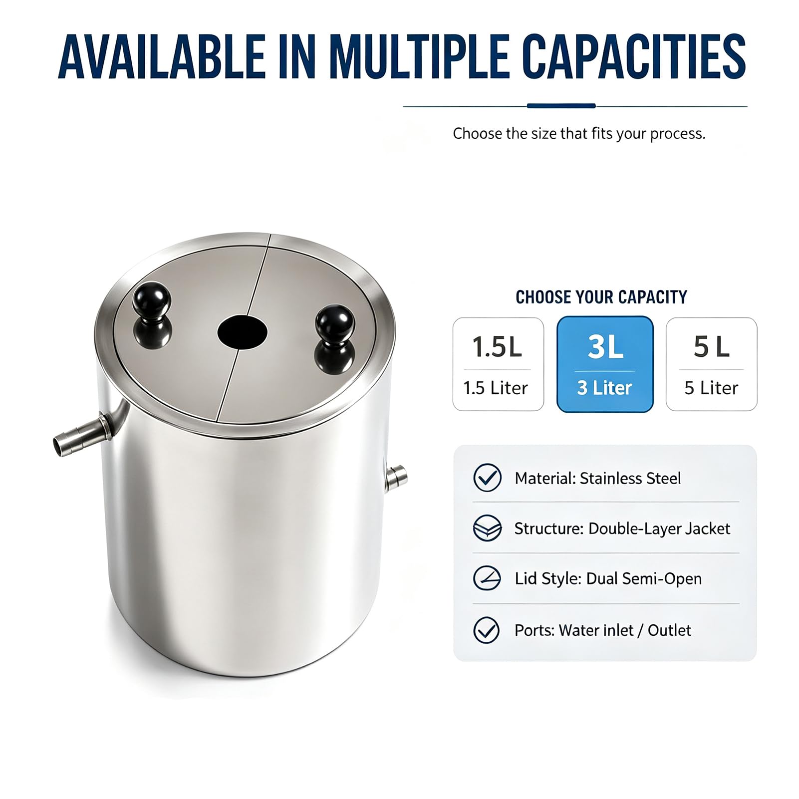 Tambor Dispensador Laboratorio Acero Inoxidable Para Procesos Dispersión | Camisa agua doble capa con tapas divididas para sistemas agitación, mezcla y reactor laboratorio