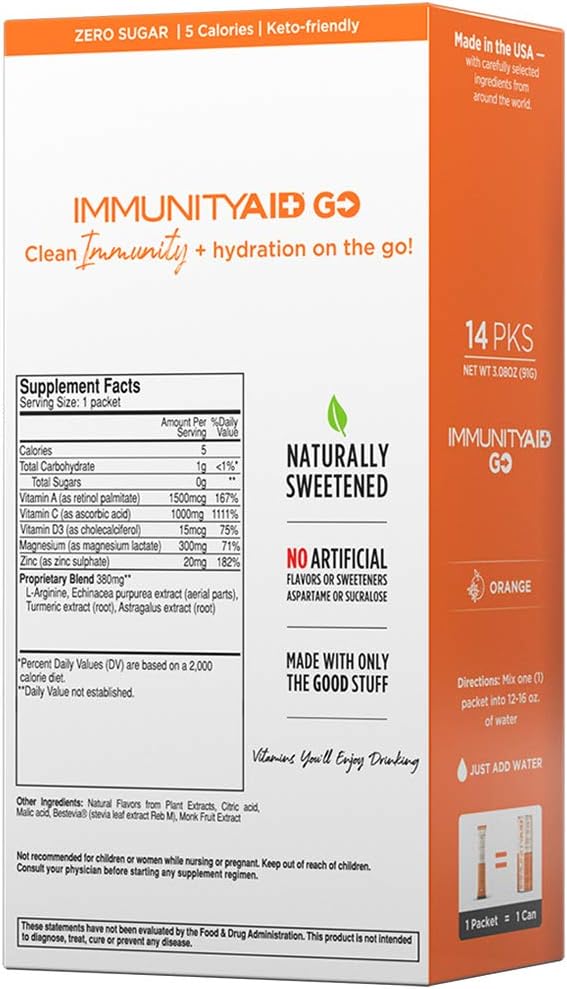 LIFEAID IMMUNITYAID GO! Zero Sugar Immunity + Hydration Packet, Vitamin C, Echinacea, Zinc, Astragalus Root, Keto-friendly, Vegan & Gluten-Free, 5 calories, Naturally Sweetened, No Caffeine, 14 Pack