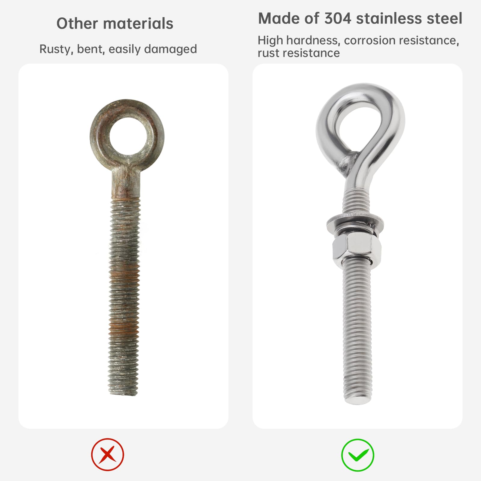 Smgda 2Pcs M12 x 90mm Eye Bolt, 304 Stainless Steel Lifting Eye Bolts with Nuts, Washers, Heavy Duty Long Shank Threaded Eyebolts for Hanging Item - Image 4