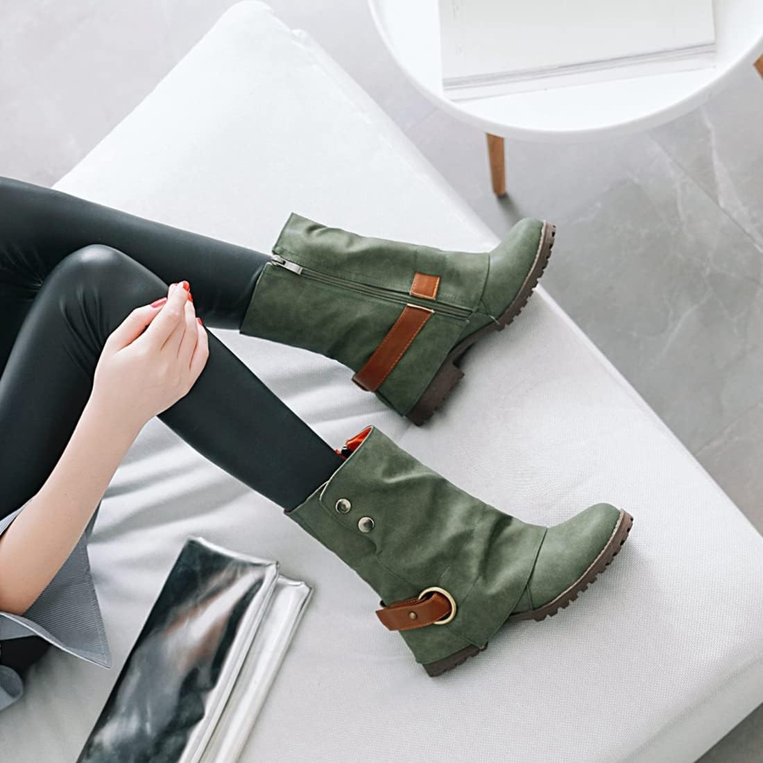VOKLIN Women's Winter Slouch Riding Mid Calf Boots Round Toe Slip On Lace Up Low Heel Casual Warm Fur Boots