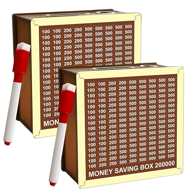 Image of Dr.MASHUR Wooden Money Saving Challenge Box with Printed Amount Board for Cash and Coin Collection, Reusable Saving Box for Kids and Adults (Pen 2lakh Money box-2pc, 2, Count)