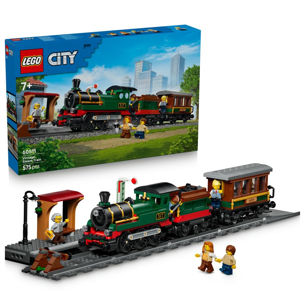 LEGO City Retro pociąg z lokomotywą parową, zabawka konstrukcyjna dla dziecka, zestaw z lokomotywą, węglarką, wagonem pasażerskim i peronem, prezent dla chłopca lub dziewczynki od 7 lat 60511