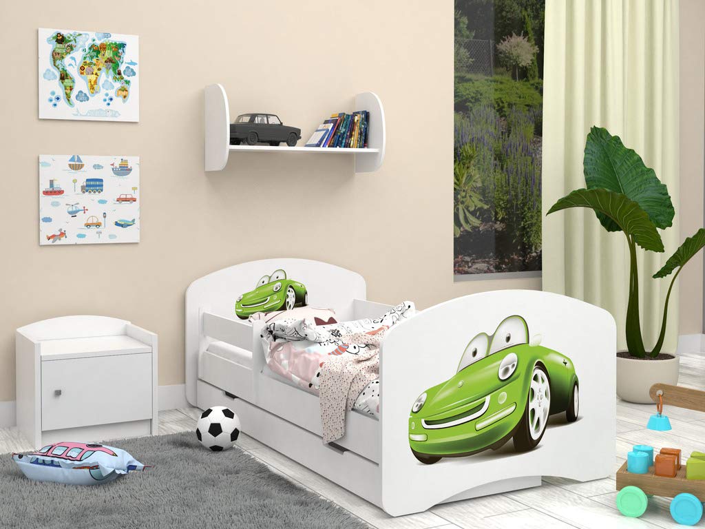 Happy Babies - Dwustronne łóżko dziecięce z szufladą, nowoczesny design z bezpiecznymi krawędziami i zabezpieczeniem przed upadkiem, materac piankowy 7 cm. (140 x 70, 67. zielony samochód)