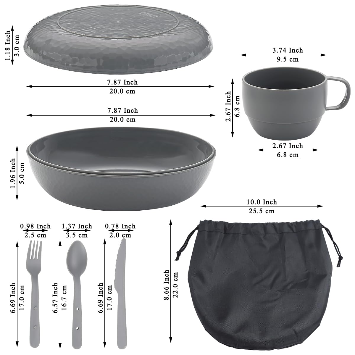 Berglander Camping Mess Kit with Bowl, Plate, Cup, Spoon, Fork, Knife and Carry Bag, Plastic Camping Accessories Essentials Gear for Travel, Camping, Picnic, Outdoor, Light Weight Easy to Carry