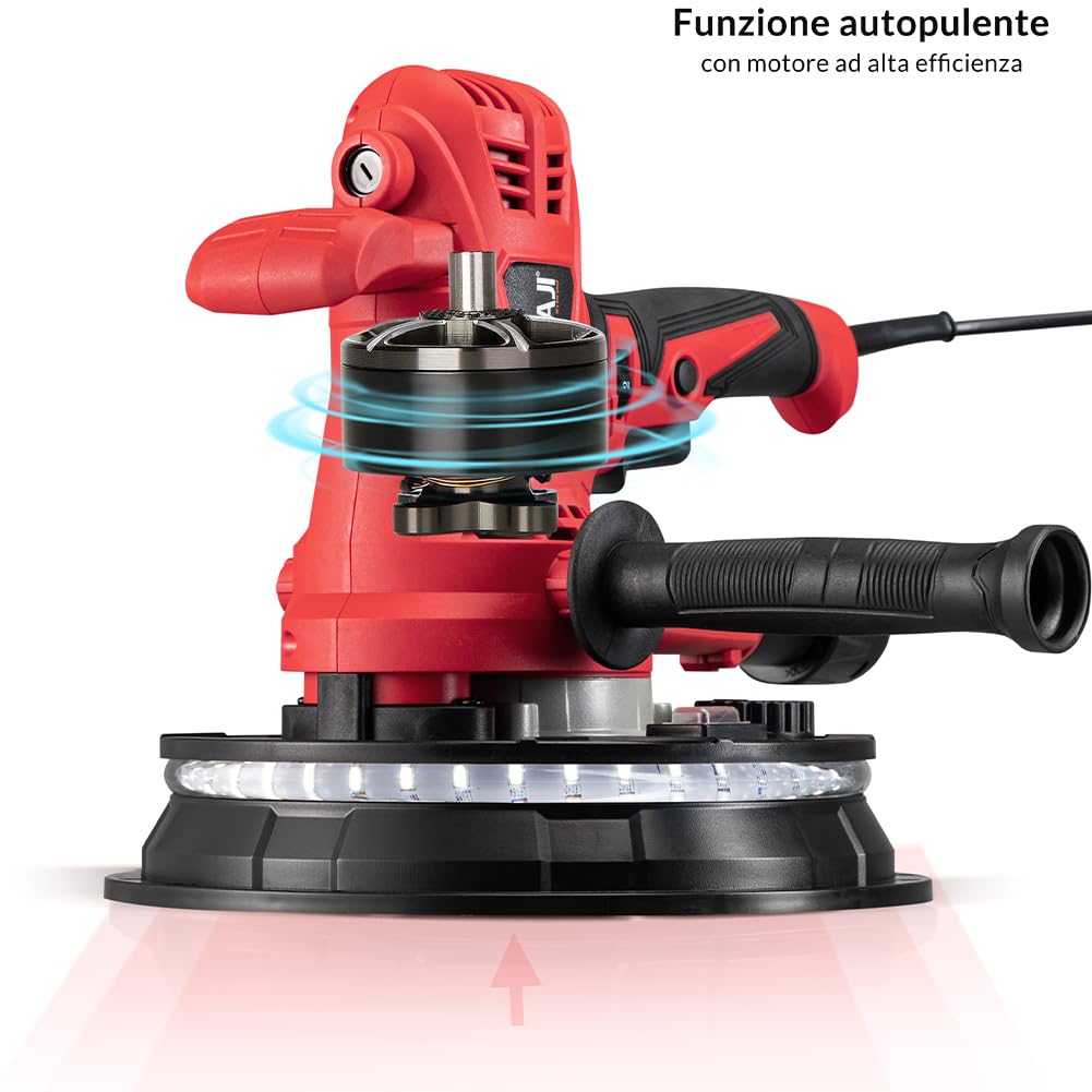 Bakaji Lijadora de pared de techo plegable lijadora jirafa placa de yeso succión automática con luz LED, varilla telescópica y 6 discos abrasivos (manual con bolsa de 1280W)