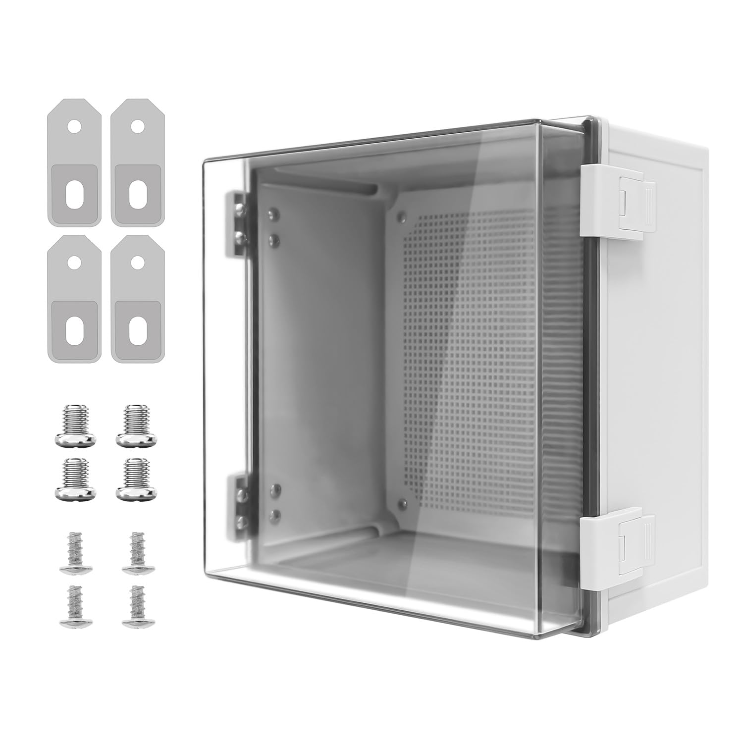 Abzweigdose, IP65 wasserdichtes, staubdichtes ABS-Kunststoffgehäuse, Außen- und Innenbereich, Projektbox, Scharnier, transparente Abdeckung mit Montageplatte, Wandhalterungen, Außenmaße 30 x