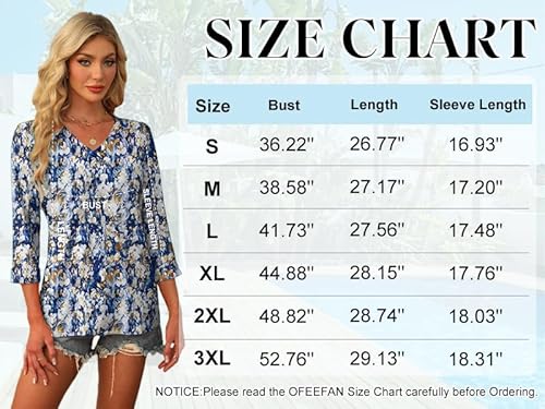 WIHOLL Tops for Women 3/4 Length Sleeve V Neck Casual Tunic Ladies Tops Basic Shirts Loose Fit Blouse Floral Blue Beige Size 14-16 - Image 5