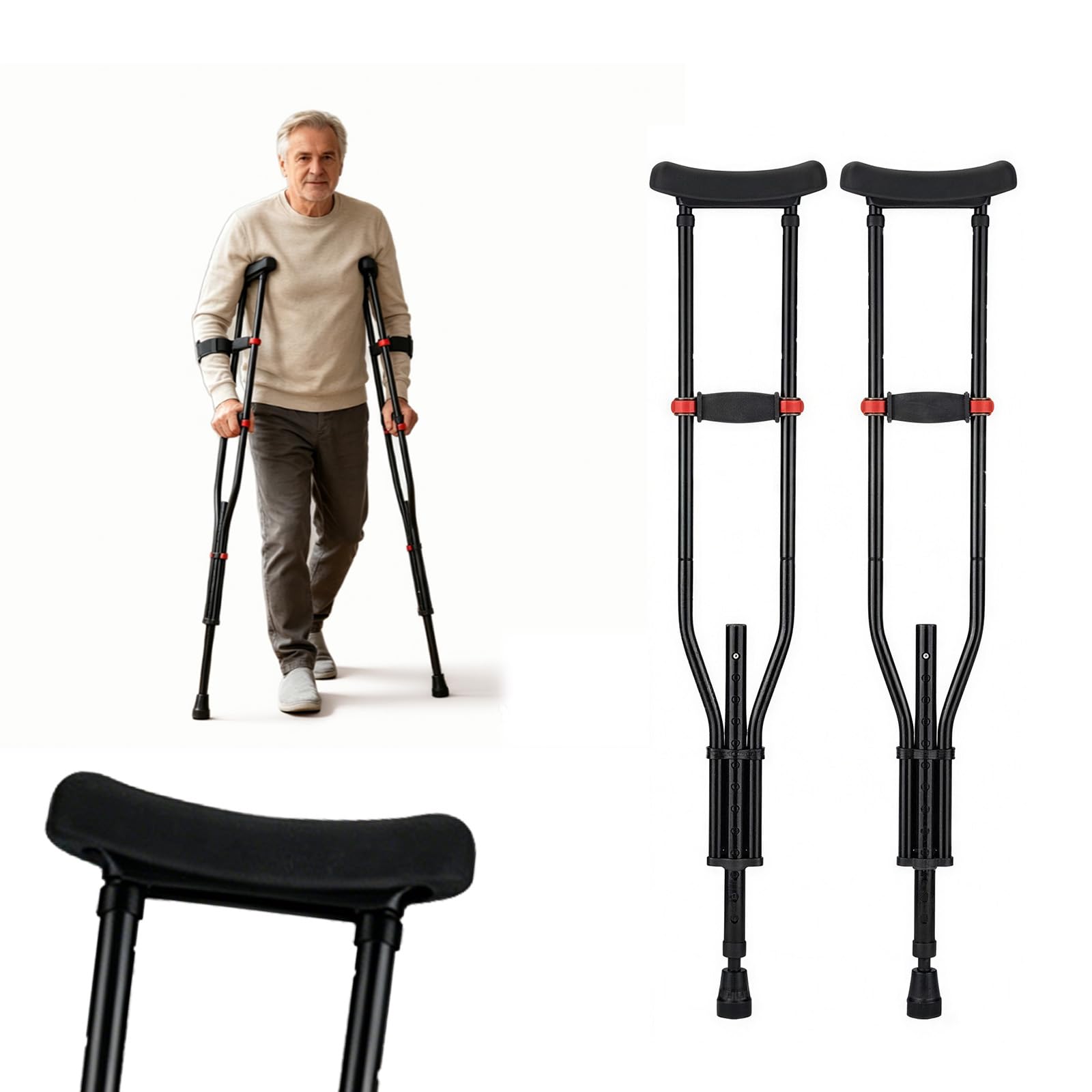 Muletas, muletas axilares, altura regulable, 1 par (2 unidades), altura ajustable, con antebrazo suave y reposamuñecas
