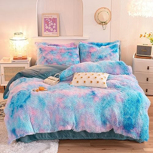 ZIQINPSQ Plush Shaggy Duvet Cover Set,Tie Dye Faux Fur Bedding Set for Teens Girls Soft Velvet Fluffy Fuzzy Comforter Cover Bed Set (Blue
