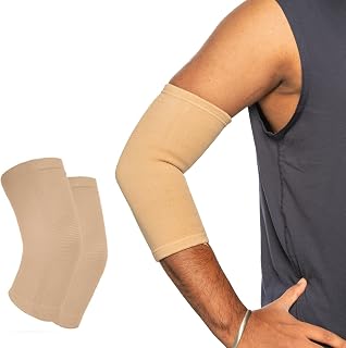 Unisex Elbow Support (2-Pack) Stretchable Sleeve Brace – Lightweight Compression for Tendonitis, Repetitive Strain & Joint Pain Relief – Beige Arm Support – Unisex Fit for Work & Daily Use - LARGE
