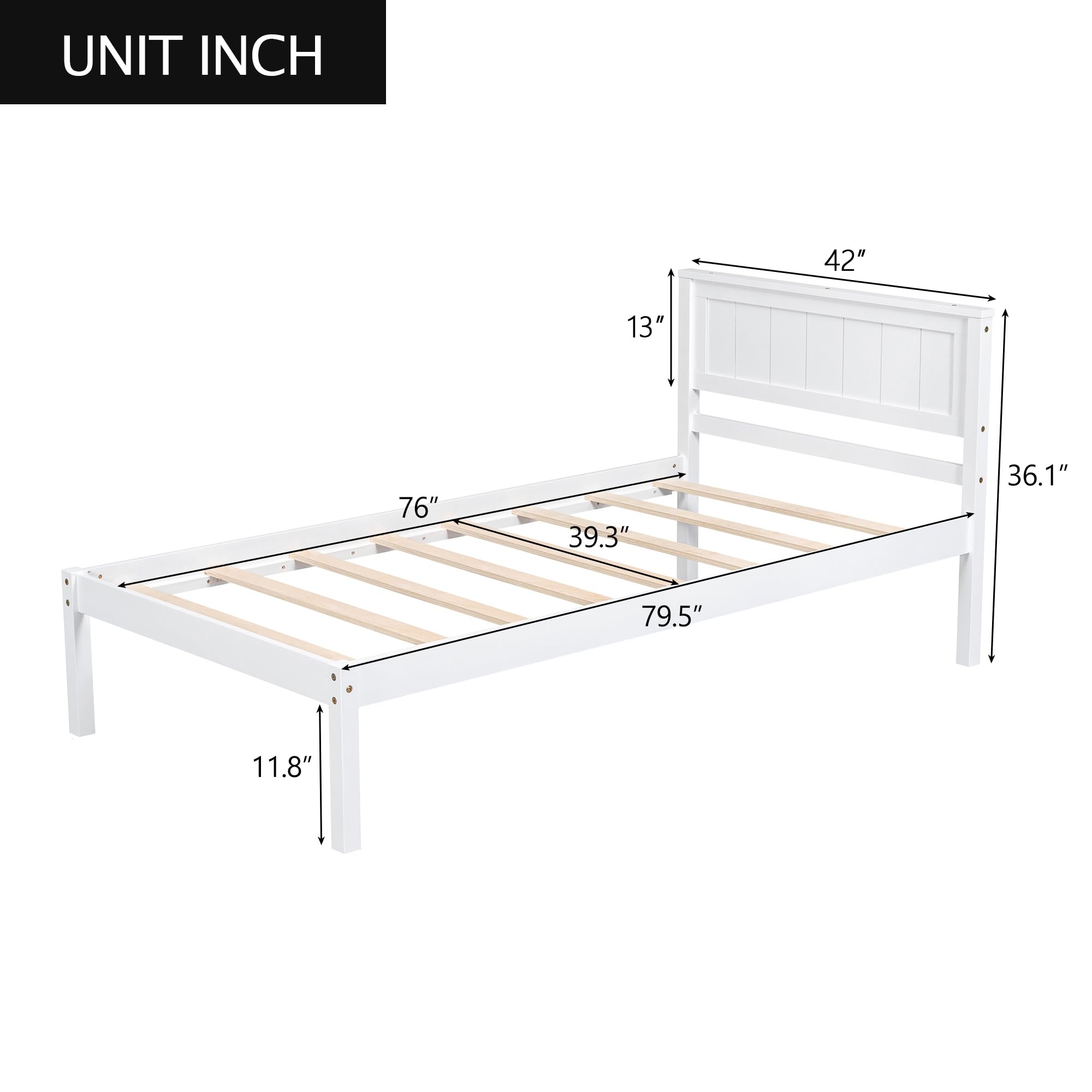 Merax Solid Wood Twin Bed Frame with Headboard, Twin Platform Bed Frame with Under Bed Storage, Wood Slat Support, No Box Spring Needed, White