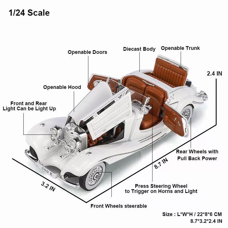 Image of 1:24 Benz 500K Toy Car Model, Diecast Collectible Pull Back Model Car with Sound and Light, Retro Classic Car Toy Gift Vehicles for Adults, Kids, Boys, and Girls (Pink)