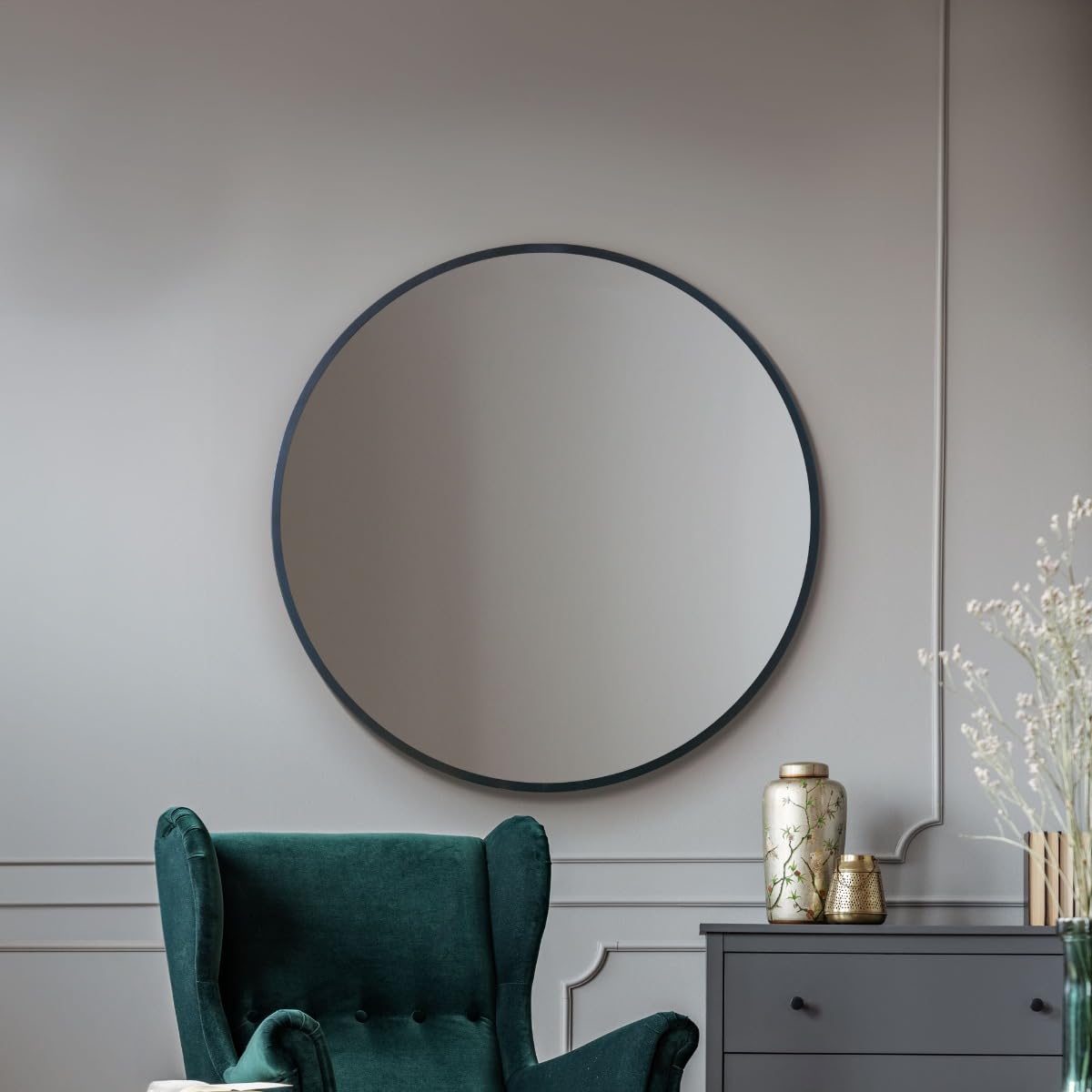 MirrorOutlet Stylish Large Round Circular Black Metal Framed Mirror – Modern Circular Wall Mirror: 100cm diameter