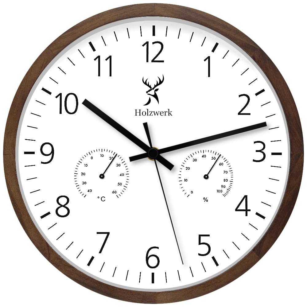 Holzwerk WEGBERG Wanduhr mit Temperaturanzeige und Hygrometer Feuchtigkeitsmesser Holz-Uhr lautloses Uhrwerk ohne Tickgeräusche Braun Buche Weiß lautlos Massivholz Natur Holz 30 cm (.HW.Braun.)