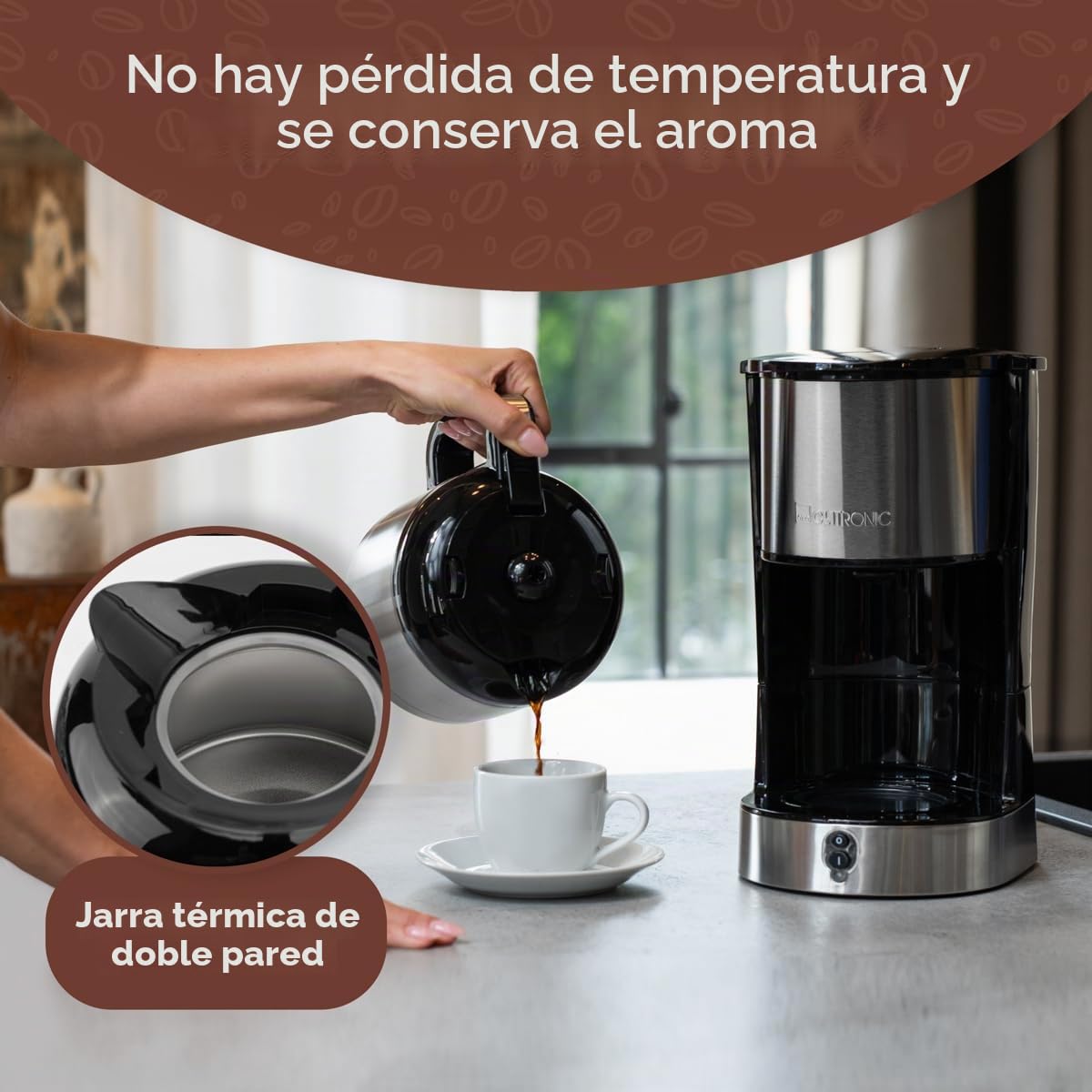 Clatronic, cafetera acero inoxidable, protección antigoteo, portafiltro, jarra termo 1,2L, KA3805, acero inoxidable/negro