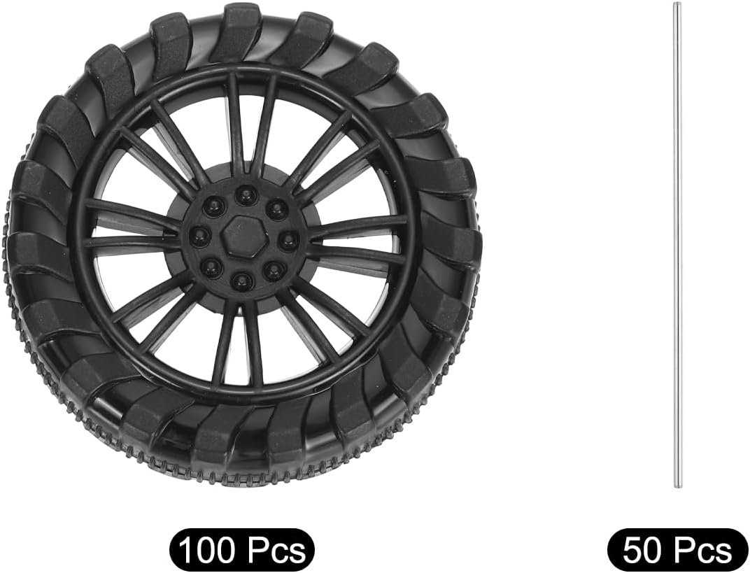 MECCANIXITY 100pcs Toy Car Tires 45mm OD, 12mm Thick, RC Model Car Wheels with 2mm OD x 100mm Long Shaft for Craft Project Hobby, Black image 3