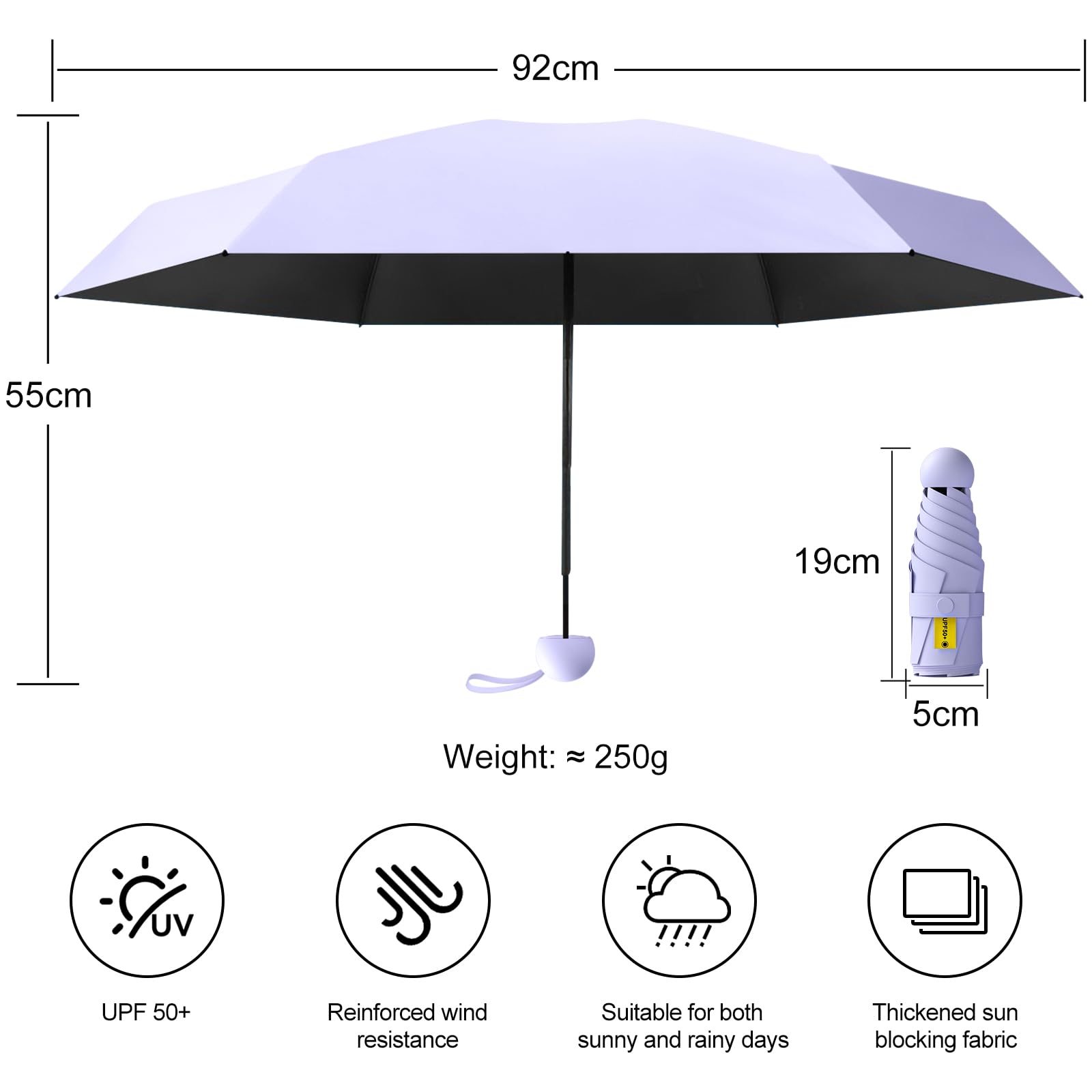 Ombrello Piccolo, Mini Ombrello Tascabile, Pieghevole Ombrello da Viaggio, Pioggia UV Protezione Sole, UPF 50+, Portatile Leggero Compatto, per Donne Uomini