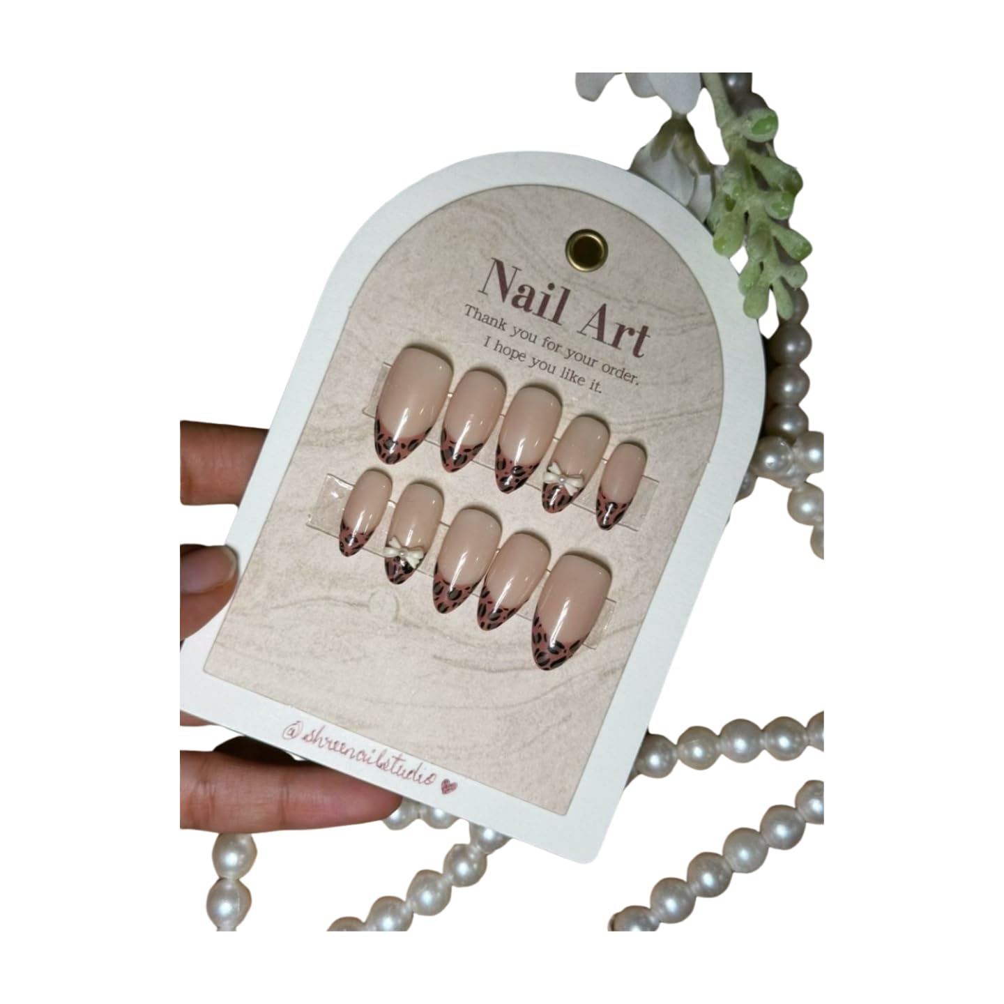 Press on Nails, Nude with Brown Leopard Print French Tips, Almond Shape, Reusable Artificial Nail Set