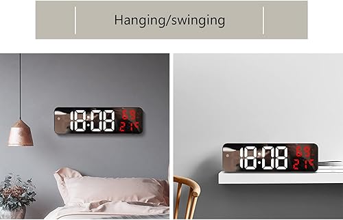 Miniatura 4 de Reloj de pared digital con luces LED, pantalla de fecha, brillo de mesa, espejo despertador montado en la pared para decoración del hogar