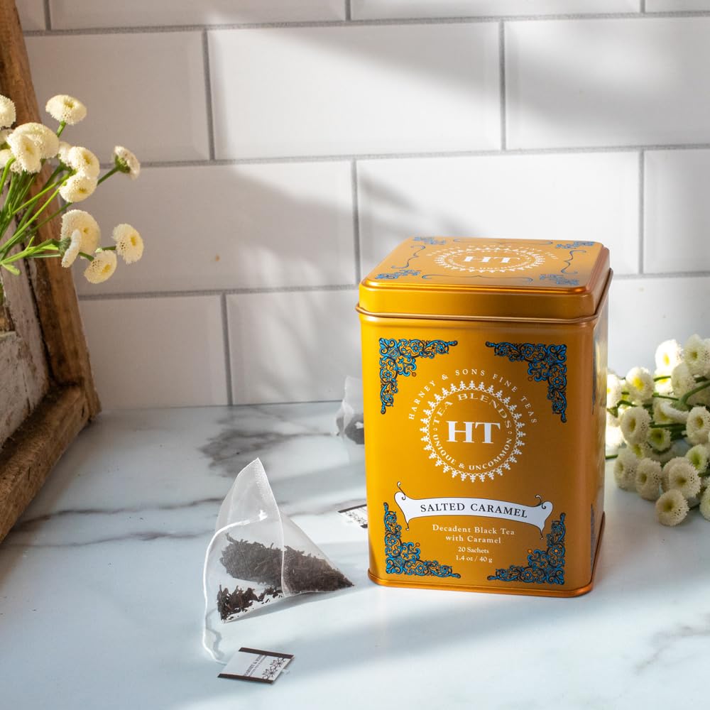 Harney & Sons Salted Caramel Tea, 20 Stück Beuteldose | Schwarzer Tee, gesalzenes Karamellgeschmack, ein Hauch von Himalaya-Salz, koffeinhaltig