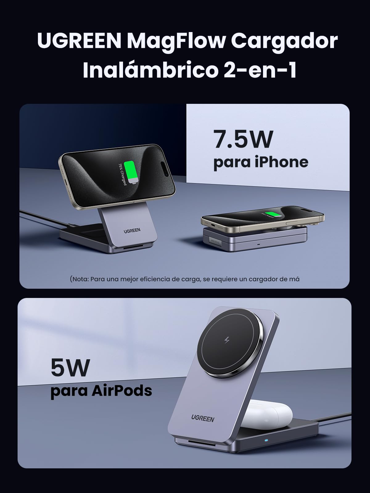 UGREEN MagFlow Cargador Inalámbrico, Estación de Carga 2 en 1 Magnética, Compatible con iPhone 16/15/14/13/12 Series, AirPods Pro 2/3