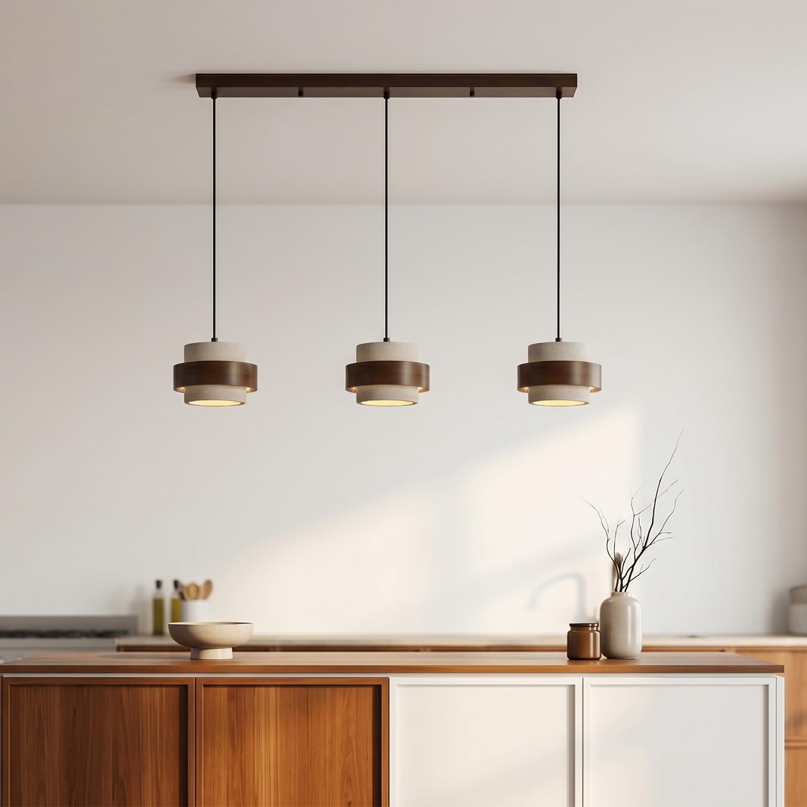 Lampadario Sospensione LED 3 Teste Stile Giapponese Wabi sabi Travertino Giallo Altezza Regolabile Lampadari Sospensione in Legno Lampadario Moderno per Soggiorno Cucina sala da pranzo Anello Legno