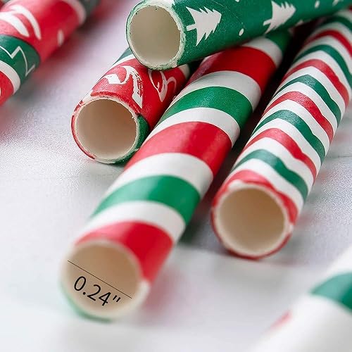 Miniatura 4 de Pajitas de papel de Navidad, paquete de 100 popotes biodegradables, 7.75 pulgadas, pajitas de papel a rayas, rojo, verde, puntos, a granel, nieve,