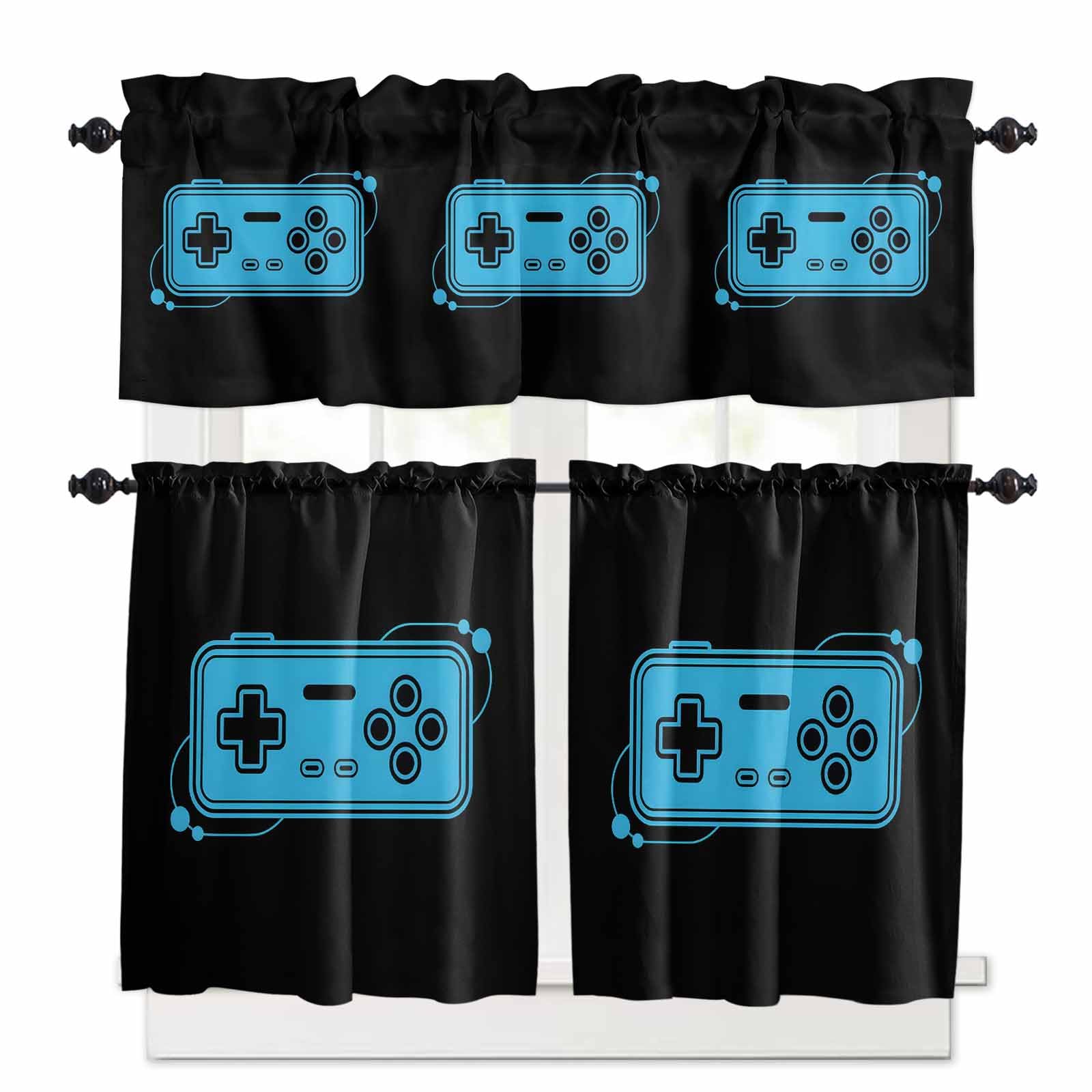 Blue Game Handle Kitchen Curtains 36 Inch Length, 3 Piece Rod Pocket Small Half Tiers and Valance Set, Video Gamer Console Earphones Black Small Large Window Treatment Decor for Bedroom/Bathroom Sink