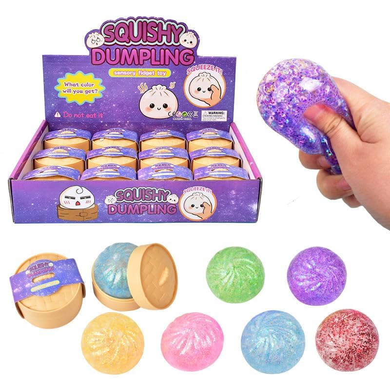 12Pc Dumplings Squishy Set Glitter Dumpling Squishy Juguete Antiestrés para Aliviar la Ansiedad Masa de Descompresión Blanda para Apretar Divertidas Bolas Antiestrés con Forma de Masa (b)
