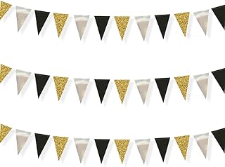30 Feet Double Sided Glitter Paper Triangle Flag Bunting Pennant Banner for Birthday Holiday Wedding Anniversary Graduation Theme Party Supplies Decorations （Gold+Mirror-Like Silver+Black